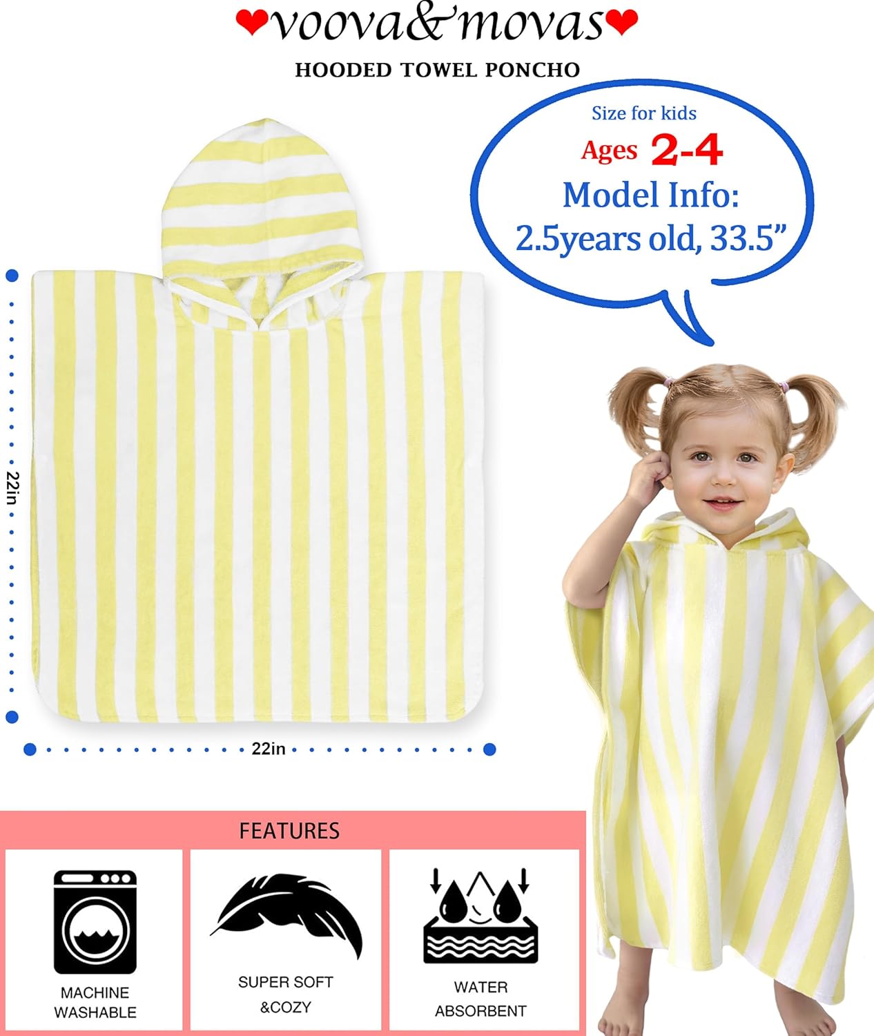 VOOVA & MOVAS Toddler Poncho Towels with Hood, Oversized (2-4Years,22"X22") Made from 100% Soft Cotton,Absorbent Hooded Towels for Baby Girl,Perfect for Pool | Swimming | Bath | Beach,Yellow Stripe