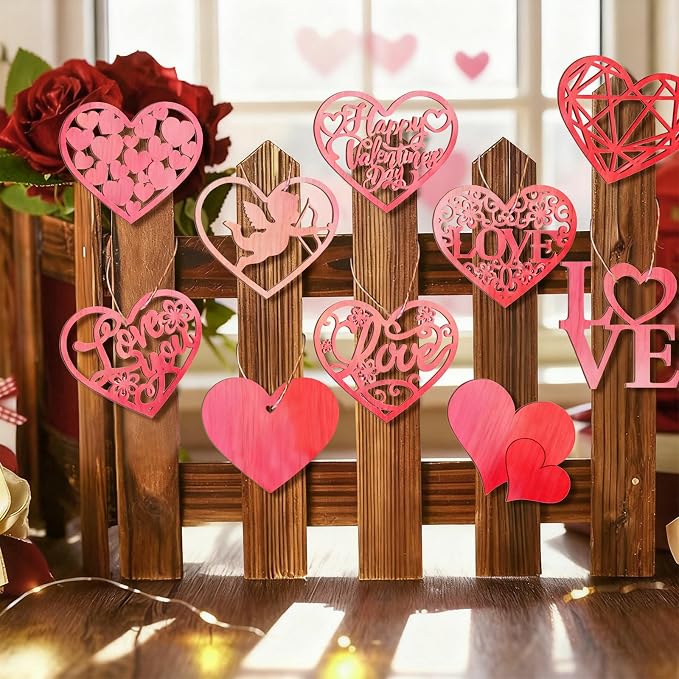 36PCS Wooden Heart Ornaments to Paint Valentine's Day Craft, 9 Styles DIY Blank