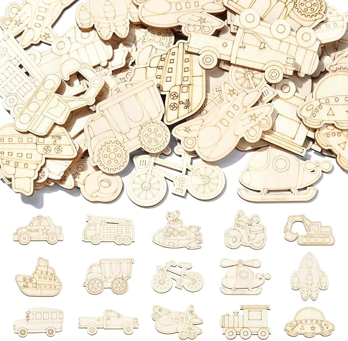 100 pcs Mixed Styles Transportation Theme Undyed Wood Cutout Charms Car Vehicle