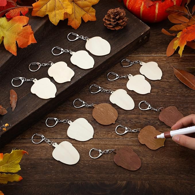 RattanView 24 Pcs Acorn Craft Color Your Own Keychains DIY Craft Wooden Blank