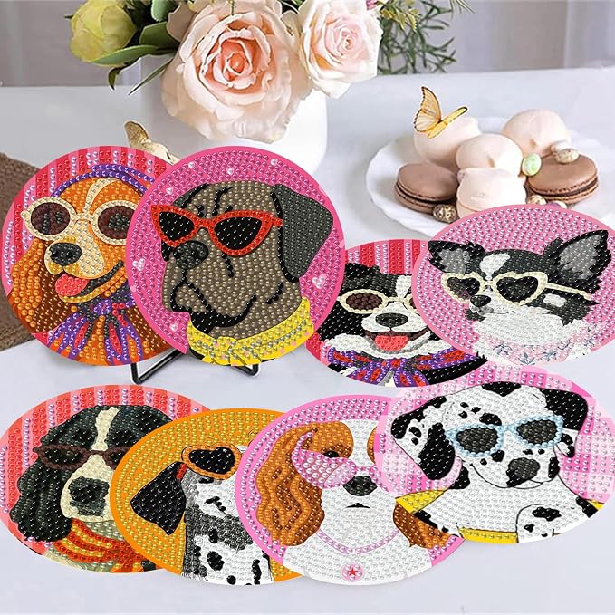 8 Pack Diamond Art Coasters, Funny Dog Diamond Painting Coasters Kits | Dog