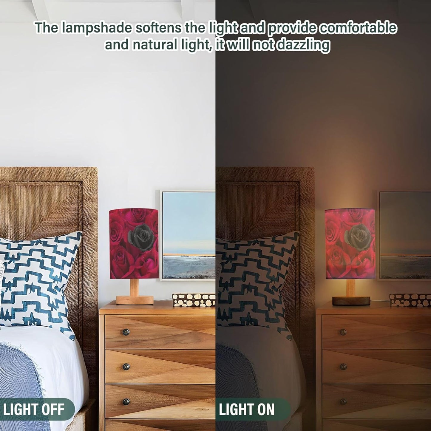 Table Lamp Black Rose in Red Roses Flower with Water Drops Valentines Day Nightstand Lamp with Wood Base Fabric Lamp Shade Bedside Desk Lamp for Living Room Bedroom Kids Room Office