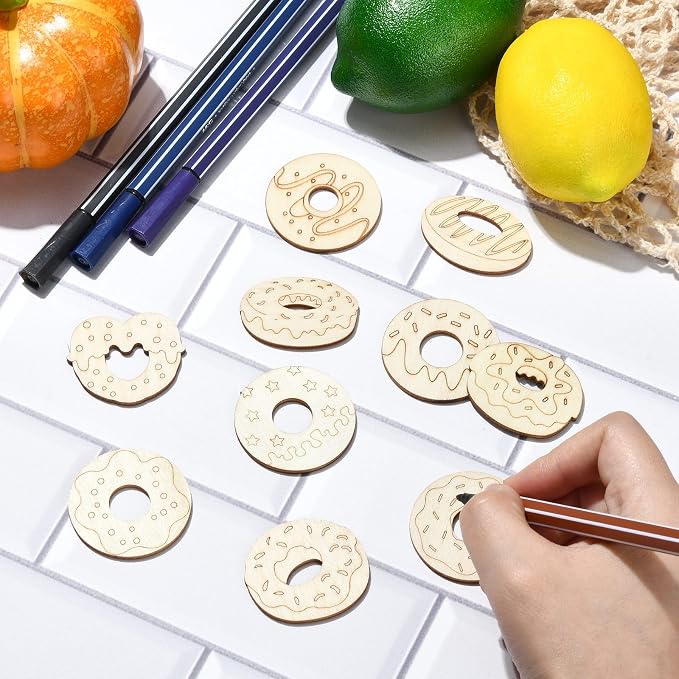 100 Pcs Unfinished Wood Cutouts Donut Wooden Shapes Dessert Wood Crafts