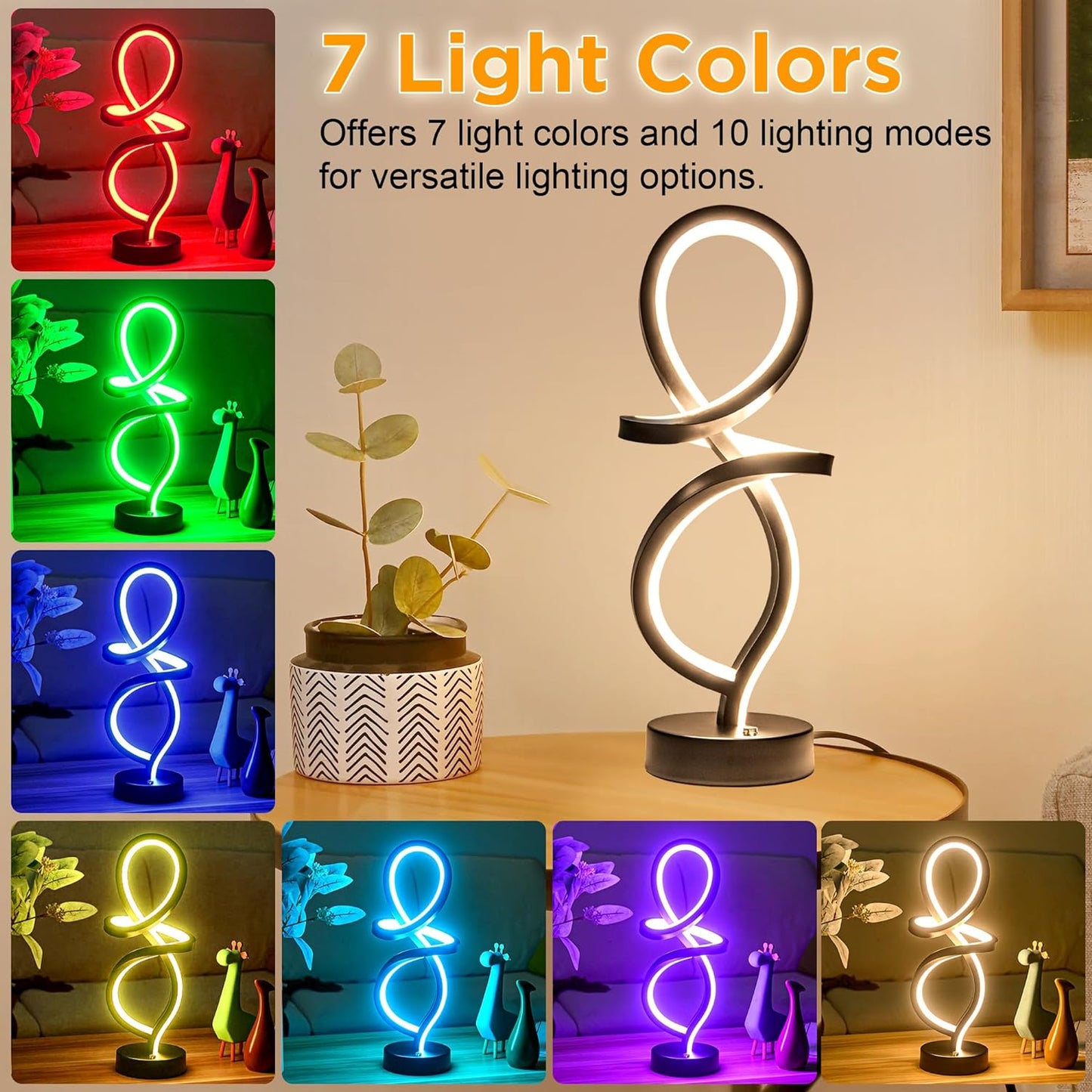 Mayful Modern RGB Table Lamp with LED Spiral Design, Black Bedside Lamp & Nightstand Lamp, Touch Dimmable with 7 Colors & 10 Modes for Bedroom, Living Room, Home Office, 15W
