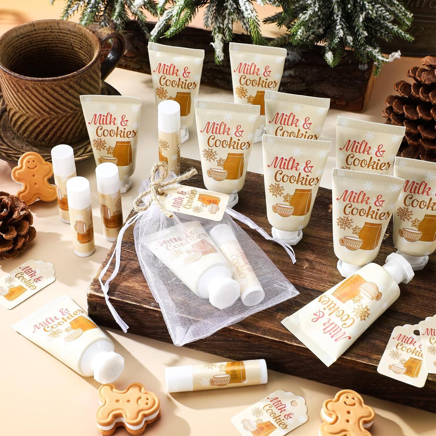 24 Sets Milk Cookies Hand Cream and Lip Balm Gifts Gingerbread Snowflake Baby Shower Favors for Guests Travel Size Hand Lotion and Lip Balm with Organza Bag and Tag Wedding Bridal Shower Party Supply