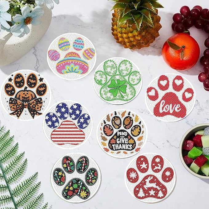 8 PCS Diamond Art Coasters Kit, Cute Paw-Shaped Diamond Painting Coasters
