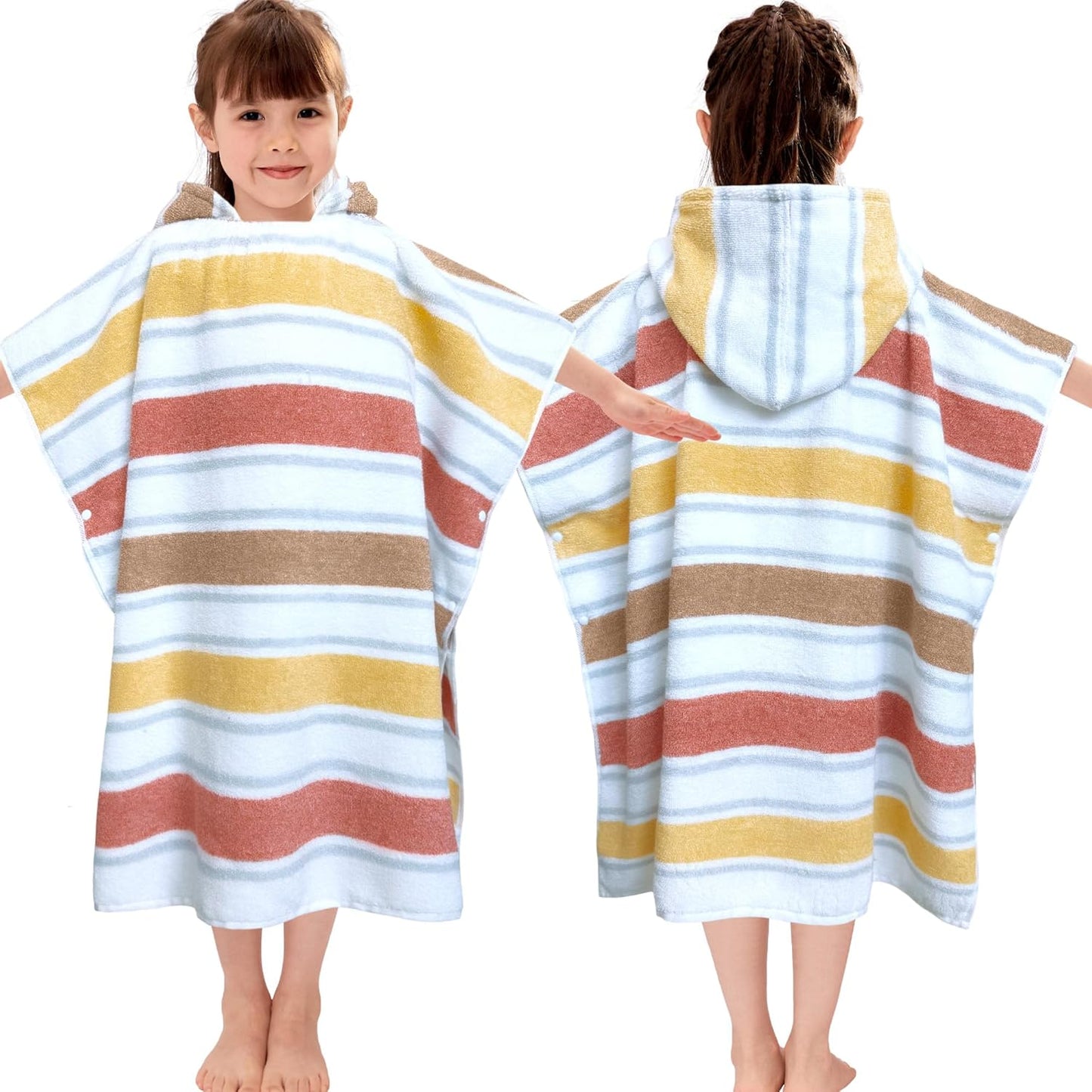 VOOVA & MOVAS Kids Hooded Poncho Towels (4-8Years,27.5"x27.5"),100% Cotton Soft Absorbent Towel for Boys,Perfect for Bathroom | Pool | Beach | Swimming, Jacquard Stripe