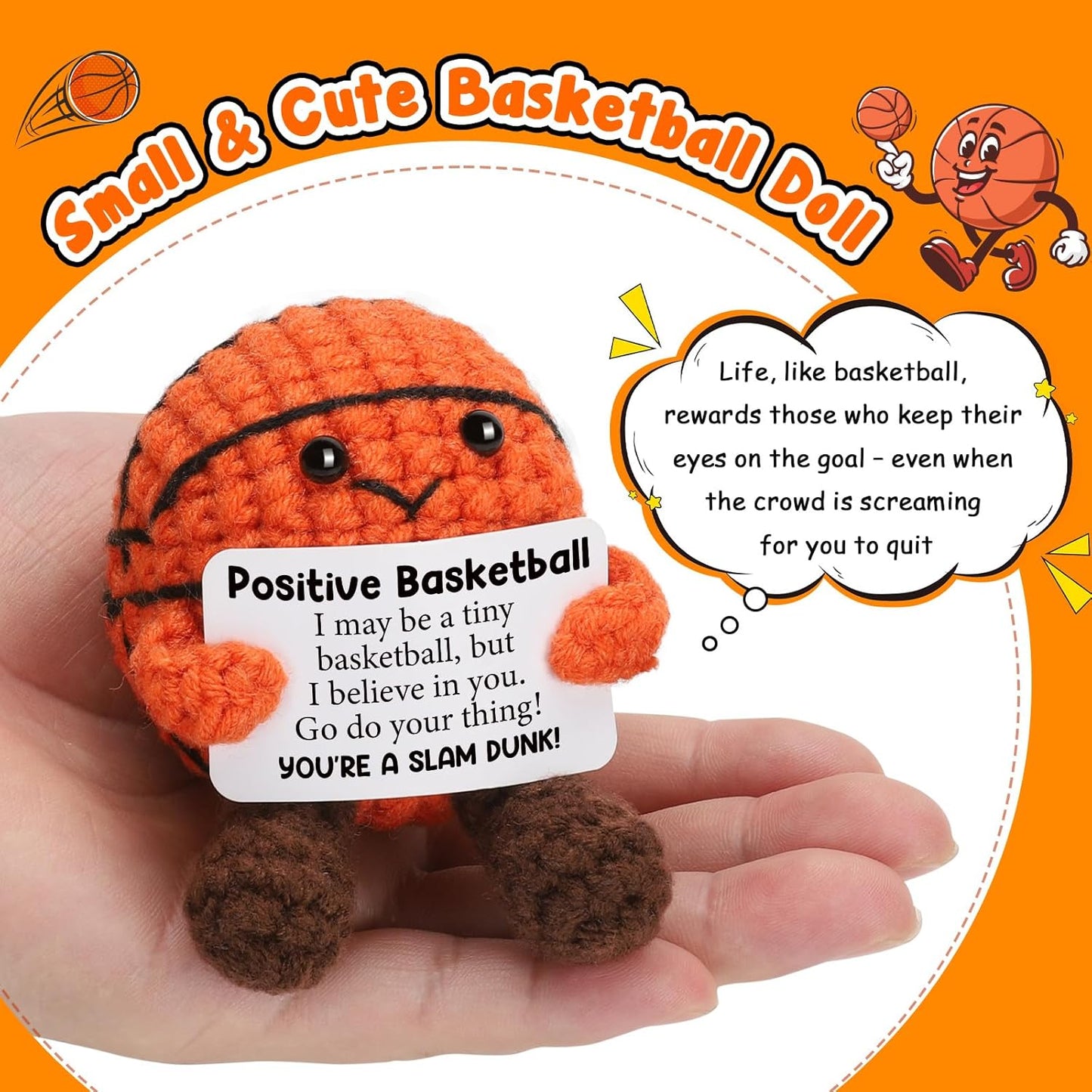 Mini Positive Crochet Basketball Gifts - Emotional Inspirational Support Gift for Women Men Friends Teenage Boys Girls Teammate - Handmade Basketball Decor for Birthday Graduation Christmas