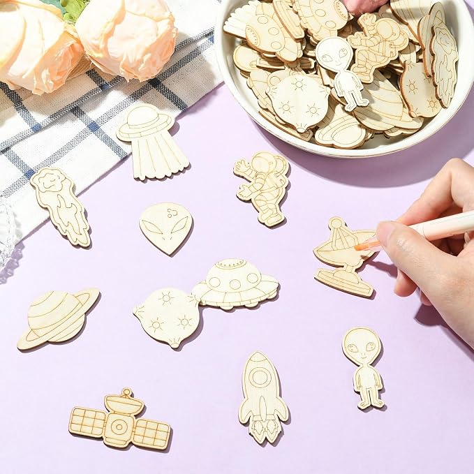 100 pcs Mixed Styles Universe Theme Unfinished Wooden Cutout Charms Alien