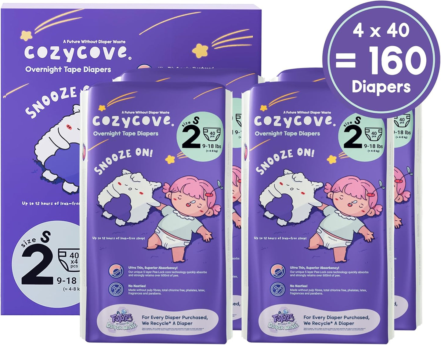 Cozycove Size 2 Diapers, Snooze On Slim Overnight Tape Diapers, Size 2 (9-18 lbs), 160 Count (4 Packs of 40)