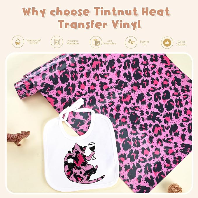 Tintnut Pink Leopard Heat Transfer Vinyl Roll, easy cut & weed, stretch washable