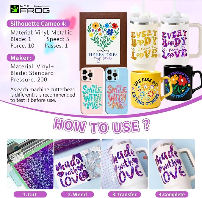VINYL FROG Glitter Permanent Vinyl Bundle 20 Pack Glossy Holographic Adhesive