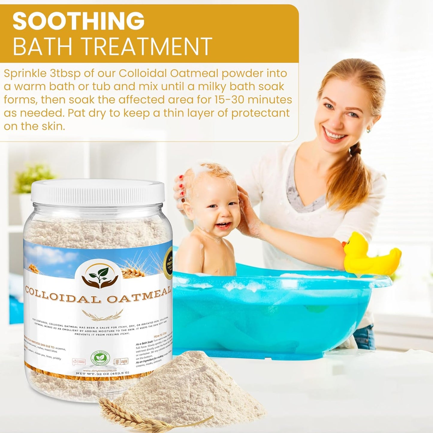 Dirty Treasures Colloidal Oatmeal Bath | Eczema & Itchy Skin Relief | Baby-Safe, 100% Natural, Fragrance-Free | 2 lb (32oz)