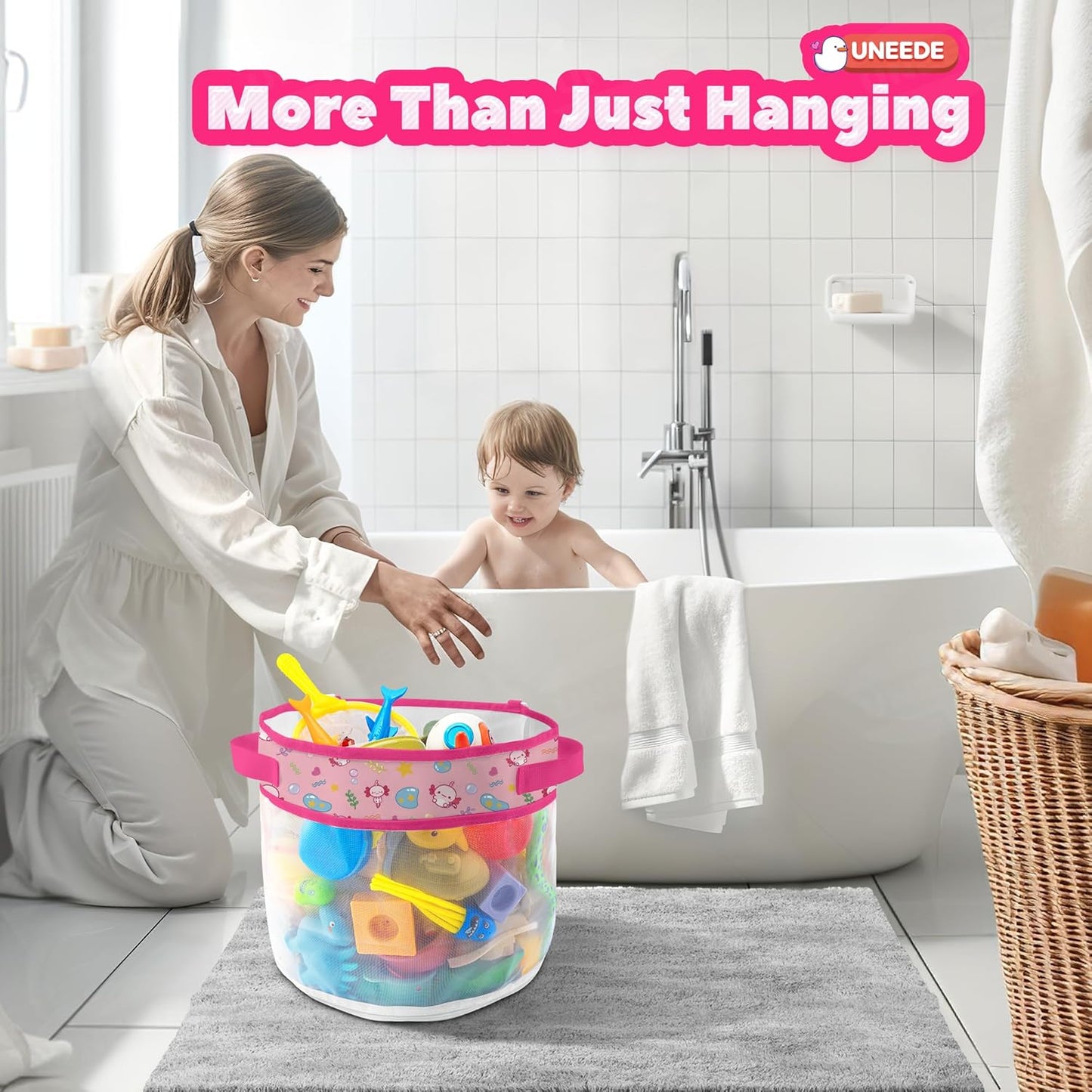UNEEDE Axolotl Print Bath Organizer, 4.15 Gallons, Quick Dry Mesh Shower Caddy, Pink