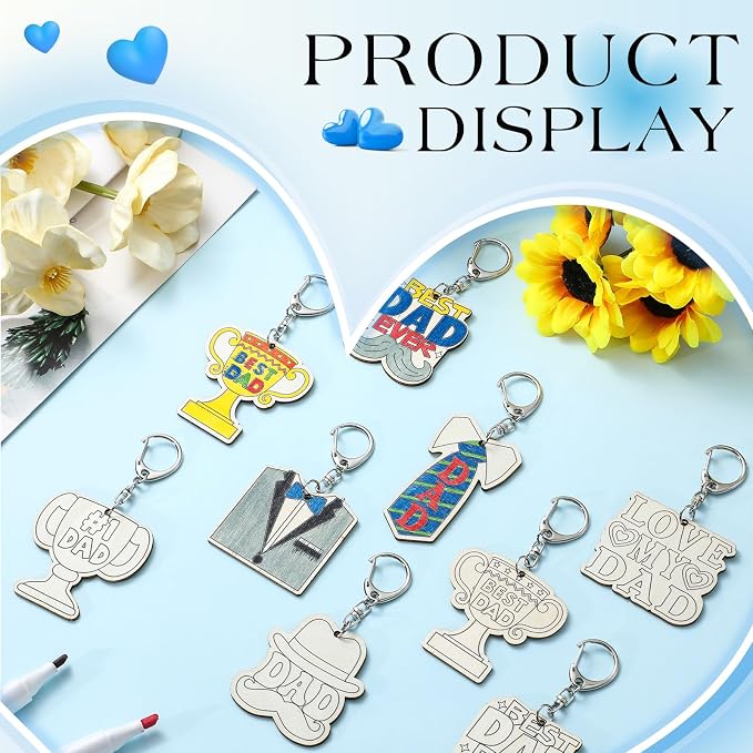 RattanView 24 Pcs Dad Craft Color Your Own Keychains DIY Craft Wooden Blank