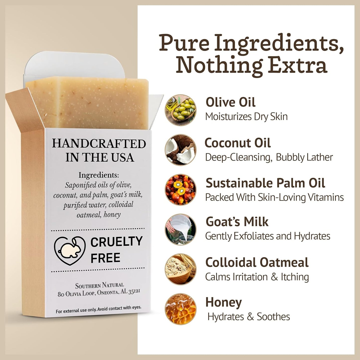 Southern Natural Oatmeal Soap Bar (3 Pack) Unscented Goat Milk Soap Bars With Colloidal Oatmeal & Honey. For Dry, Sensitive Skin. Fragrance Free Cleanser
