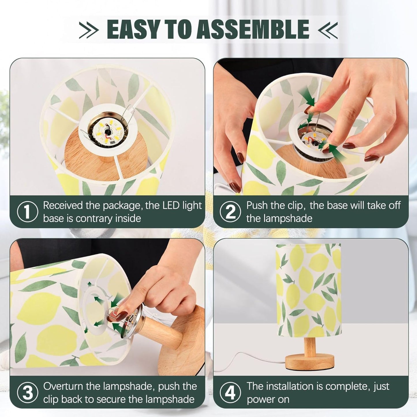 Table Lamp Watercolor Lemon and Leaf Pattern Pastel Color Fruit Print Nightstand Lamp with Wood Base Fabric Lamp Shade Bedside Desk Lamp for Living Room Bedroom Kids Room Office