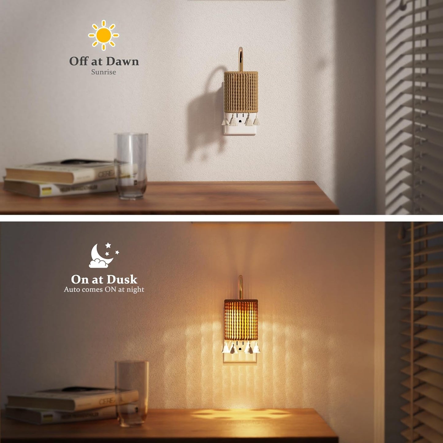 JandCase Night Lights Plug into Wall, Boho Night Light Dusk to Dawn Light Sensor, Warm White 3000K LED Nightlight, Adjustable Brightness for Bathroom Bedroom Hallway Kitchen