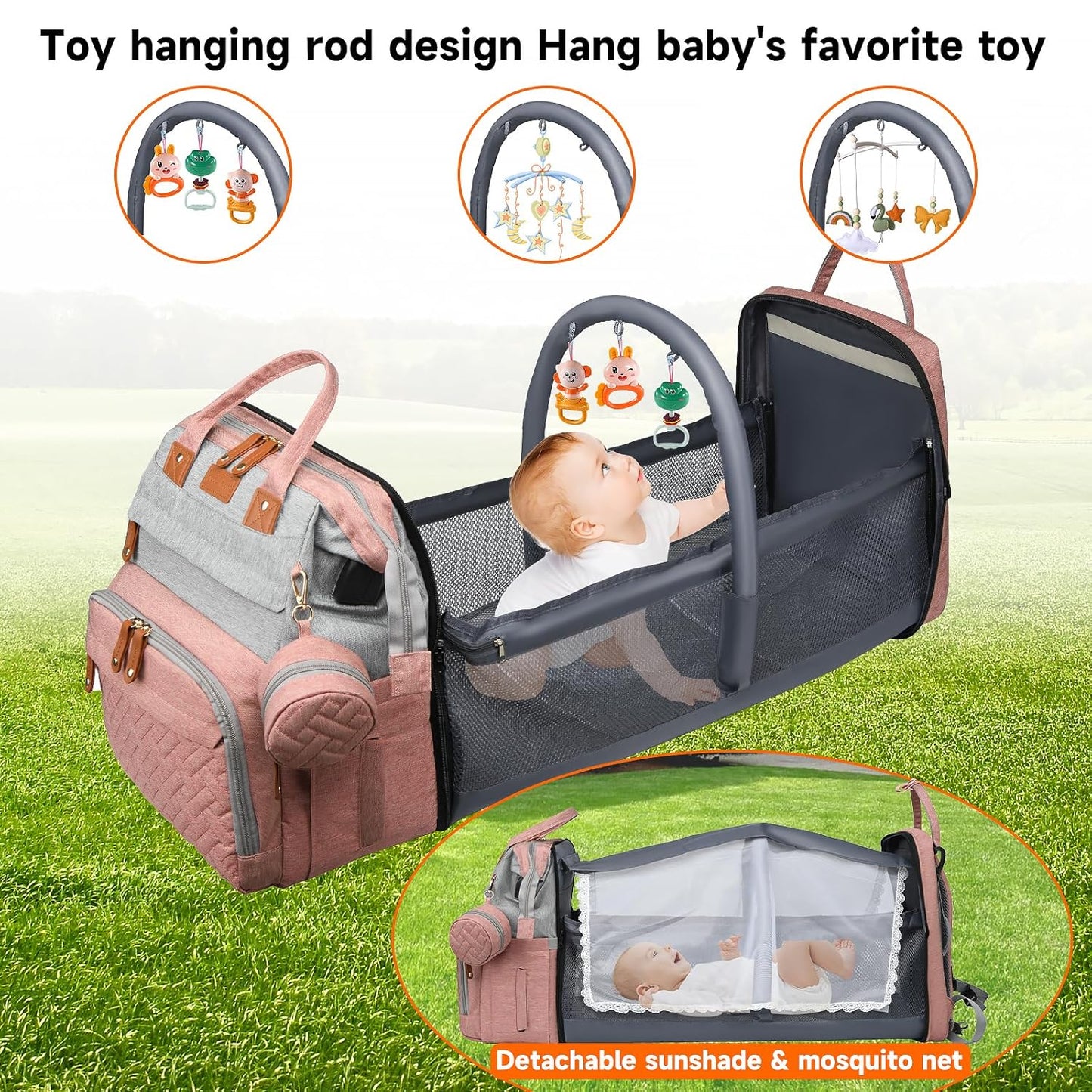 Diaper Bag Backpack Baby Diaper Bag Multifunctional Waterproof Diaper Bag with Changing Station Travel Backpack with Changing Pad, Baby Baby Pacifier Case & Stroller Straps(PinkGrey)