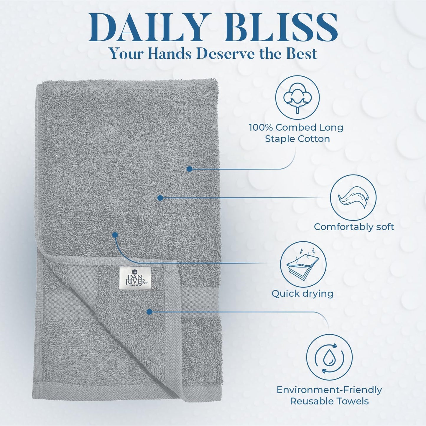 DAN RIVER 6-Pack Premium Hand Towels (16x28 Inches) - 100% Cotton, Ultra Soft, Lightweight, Highly Absorbent Towels for Bathroom, Spa, Gym, Salon, Hotel, and Travel - 550 GSM - Silver