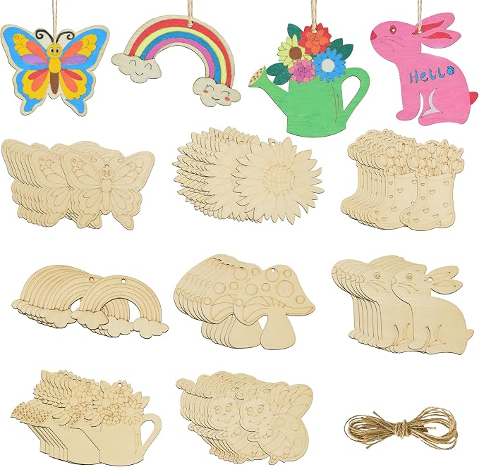 32PCS Wooden Spring Ornaments to Paint, 8 Styles DIY Blank Unfinished Wood