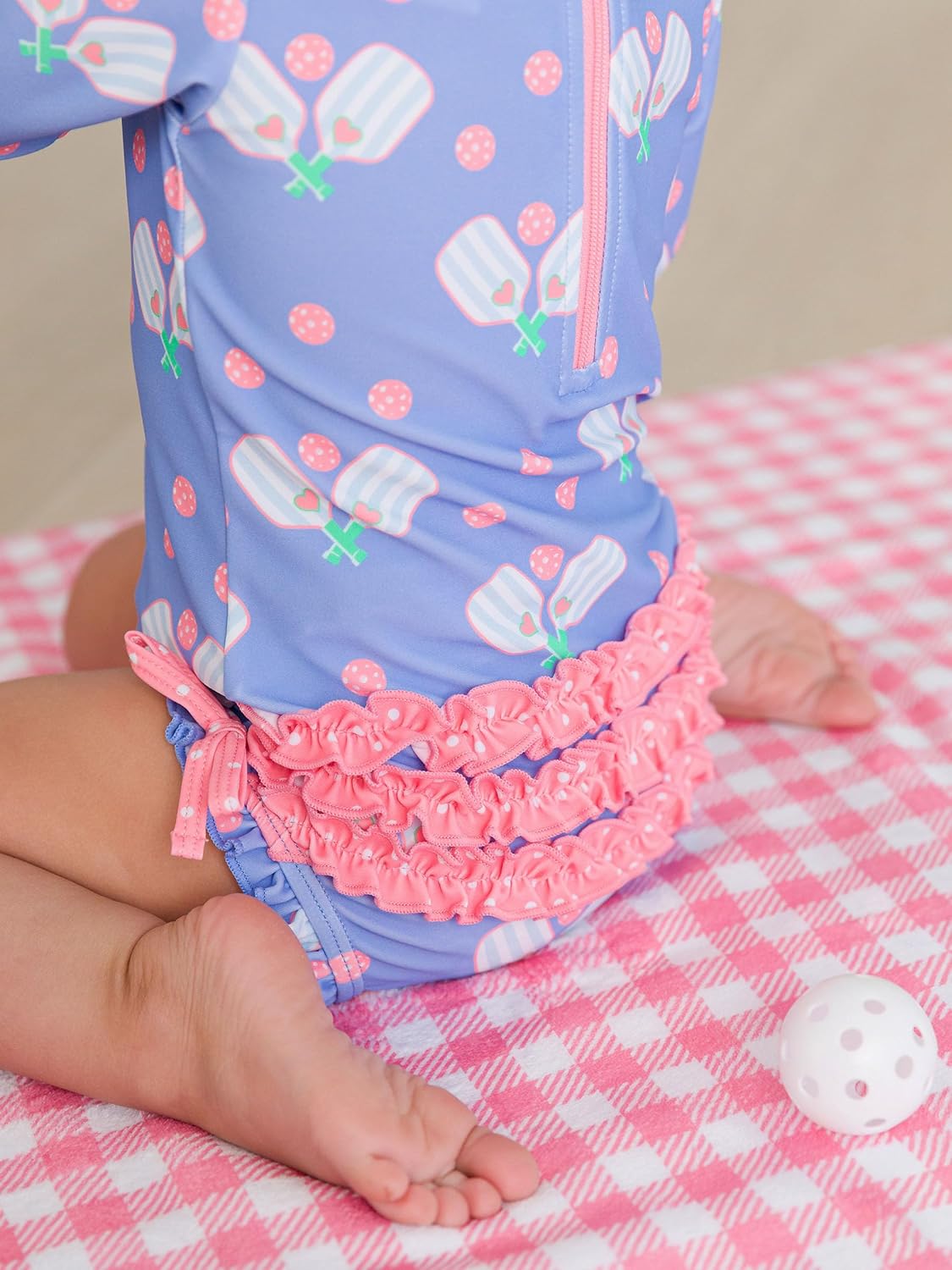 RuffleButts Baby Girls UPF 50+ Sun Protection Novelty Print Long Sleeve One Piece Rash Guard Swimsuit with Zipper