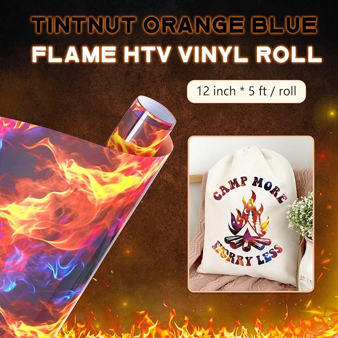 Tintnut Orange Blue Flame Heat Transfer Vinyl Roll, stretch washable, compatible
