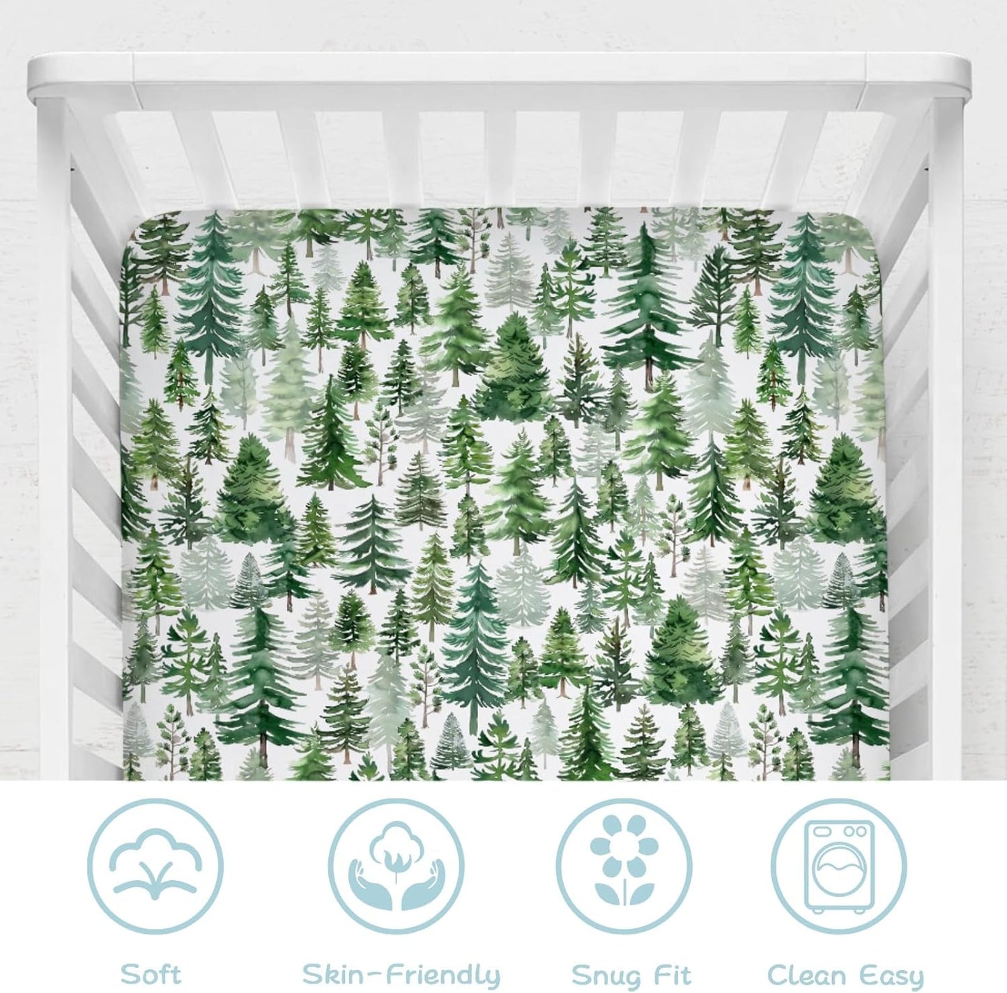 Watercolor Green Pines Baby Crib Sheet 52''x28'' Pine Trees Snug Fitted Crib Mattress Cover for Boy Girl Winter Soft Baby Bed Sheet for Standard Crib and Toddler Mattresses