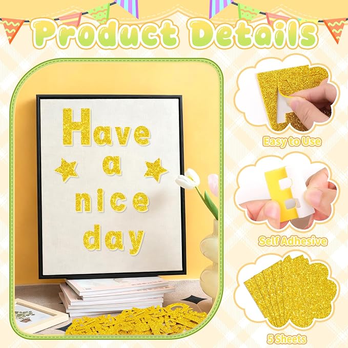 Glitter Foam Letter Stickers 335 Pcs Self-Adhesive Uppercase & Lowercase ABC