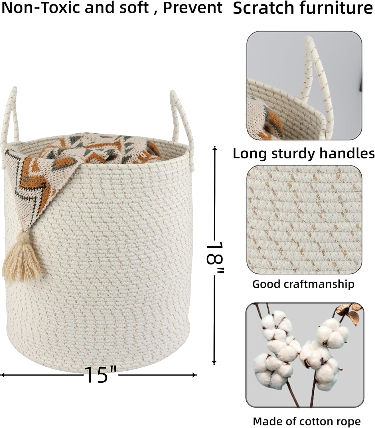 Cotton Rope Laundry Basket Hamper for Clothes Woven Storage Basket for Living Room Bedroom Boho Tall Rope Baskets for Blanket Toys Pillow Towels Baby Nursery Hamper Bin striped