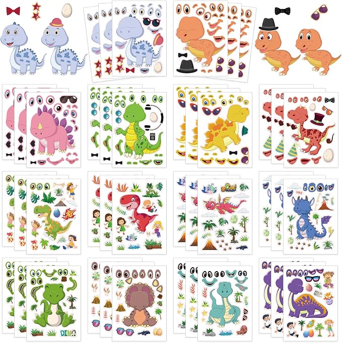42 Sheets Create Funny Dinosaur Stickers, Make a Face Stickers