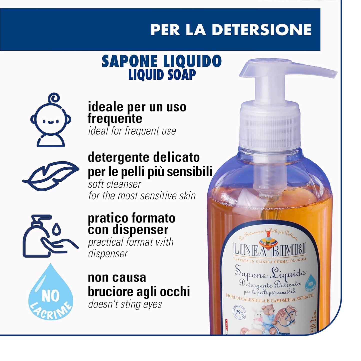 Helan Linea Bimbi Bio - Gentle Baby Soap for Face, Body & Hands with Dispenser, Body Wash for Babies, Plant-Based Cleanser with Calendula & Chamomile Extracts for Sensitive Skin Made in Italy 300fl oz