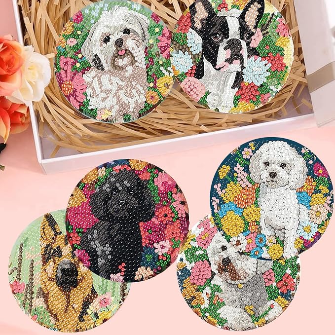 8 Pack Diamond Art Coasters, Dog Flowers Diamond Painting Coasters Kits | Dog