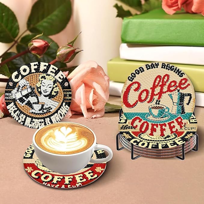 Benjenes 8 PCS Coffee Diamond Art Coasters Kits | Diamond Paintings Coasters
