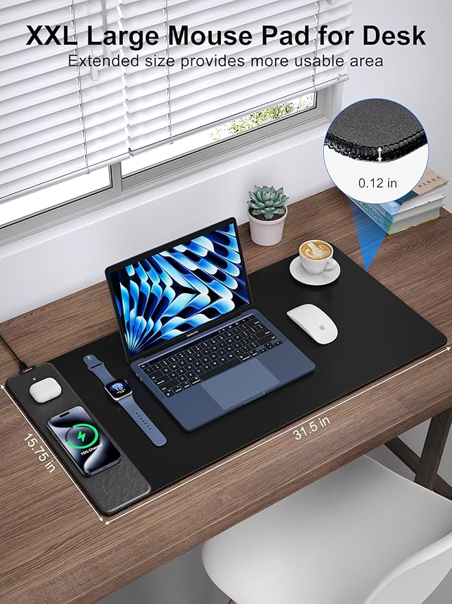 TopMade Mouse Pad with 15W Fast Wireless Charging, 31.5"x15.75" XXL Large Gaming Waterproof Desk Pad with Ultra-Smooth Surface, Non-Slip Base, Computer Desk Mat for MacBook, PC, Laptop, Black