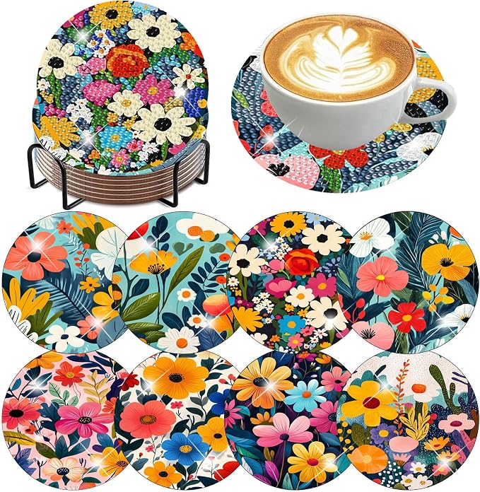 8 Pack Diamond Art Coasters, Wildflowers Diamond Painting Coasters Kits |