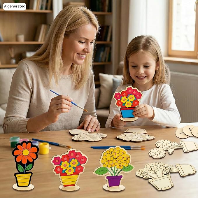 24 PCS Wooden Flower Crafts to Paint, Unfinished Wooden Flowers Spring Slices