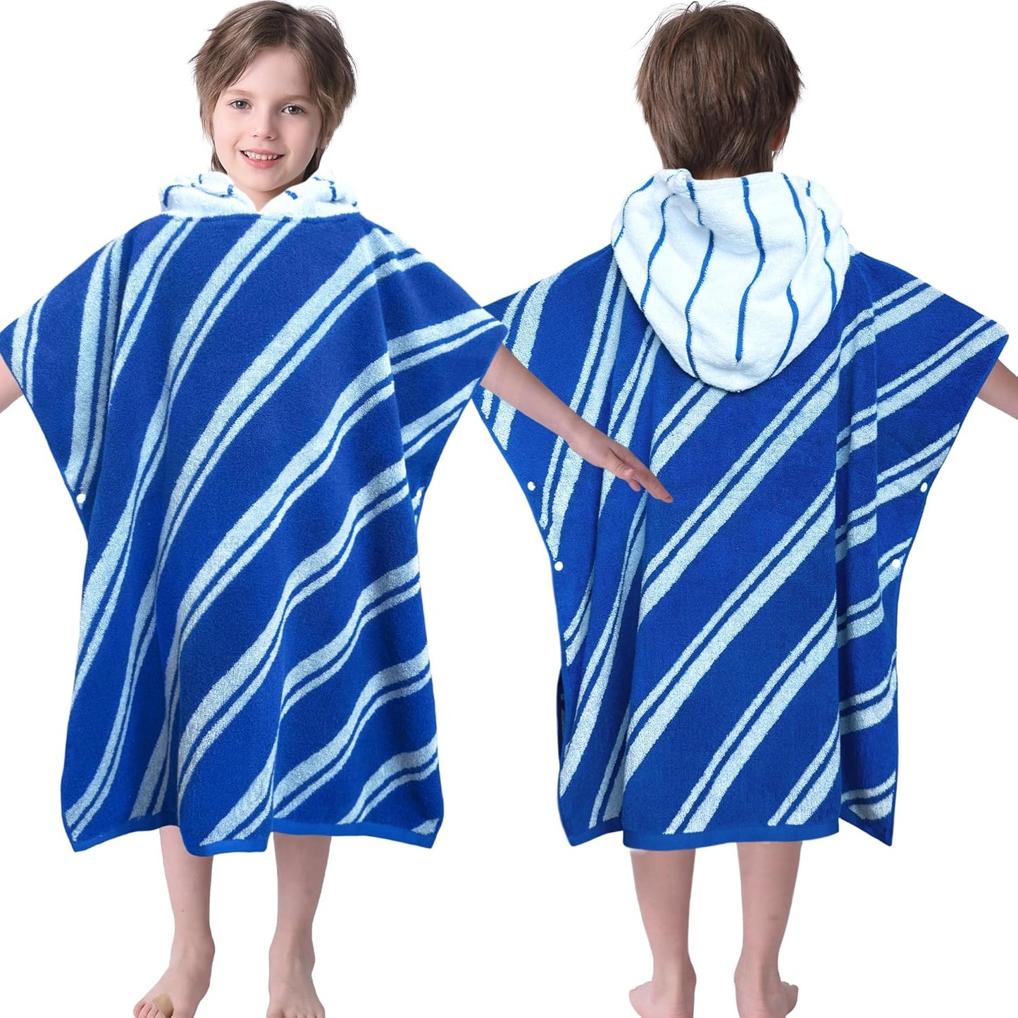 VOOVA & MOVAS Kids Hooded Poncho Towels (4-8Years,27.5"x27.5"),100% Cotton Soft Absorbent Towel for Boys,Perfect for Bathroom | Pool | Beach | Swimming, Jacquard Blue Stripe