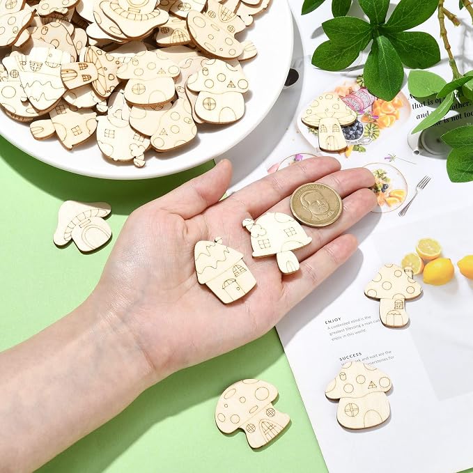 200 pcs Mixed Styles Mushroom Theme Unfinished Wood Cutout Charms Lovely