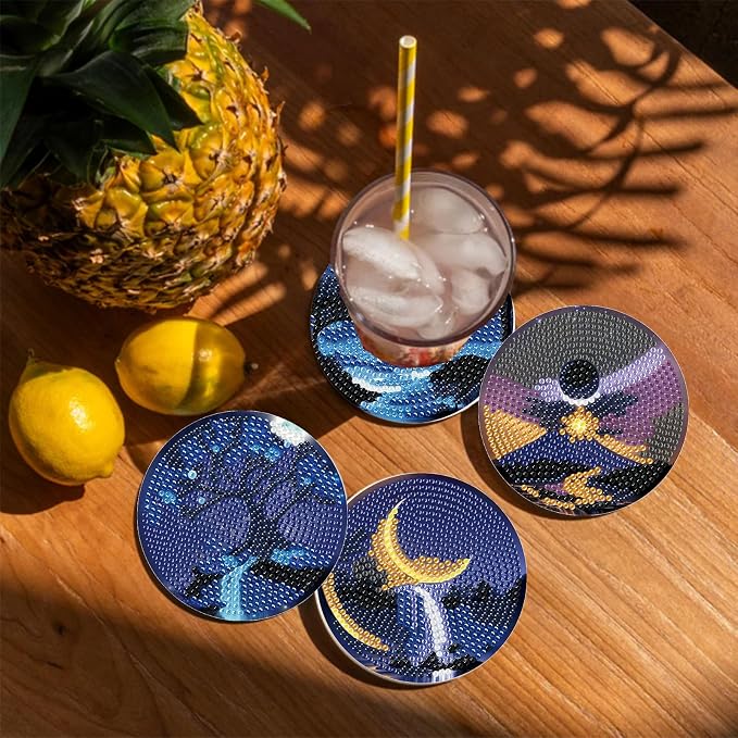 Gemozaic 8PCS Diamond Art Coasters Kit, Moon Night Landscape Diamond Painting