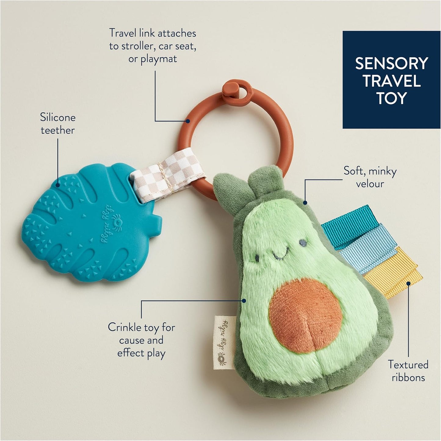 Itzy Ritzy Infant Toy & Teether - Itzy Pal Baby Teething Toy Includes Lovey, Crinkle Sound, Textured Ribbons & Silicone Teether for Newborn (Avocado)