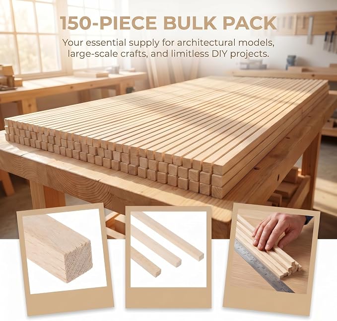 150 Pcs Balsa Wood Strips, 1/4 x 1/4 x 12 Inch, Unfinished Soft Wood Sticks