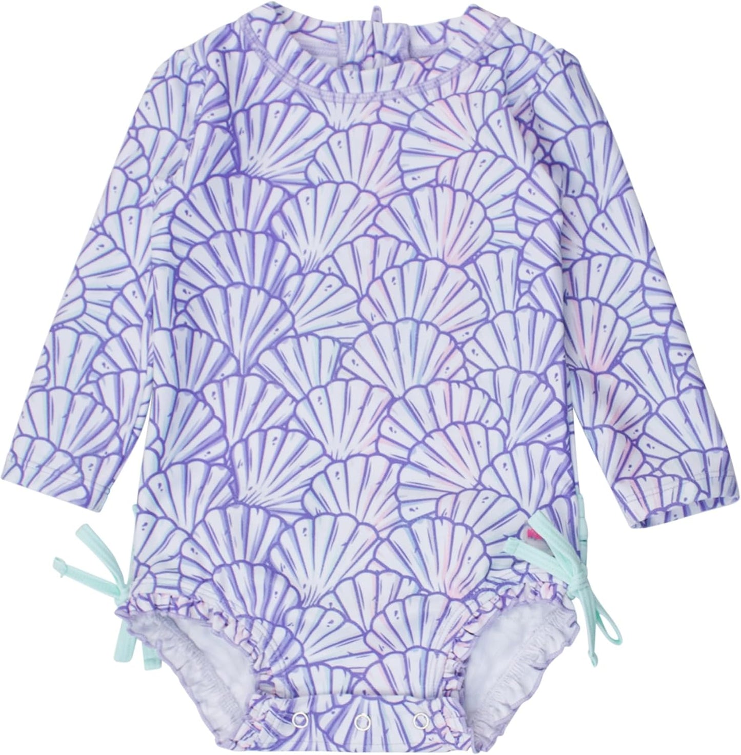RuffleButts Baby Girls UPF 50+ Sun Protection Novelty Print Long Sleeve One Piece Rash Guard Swimsuit with Zipper
