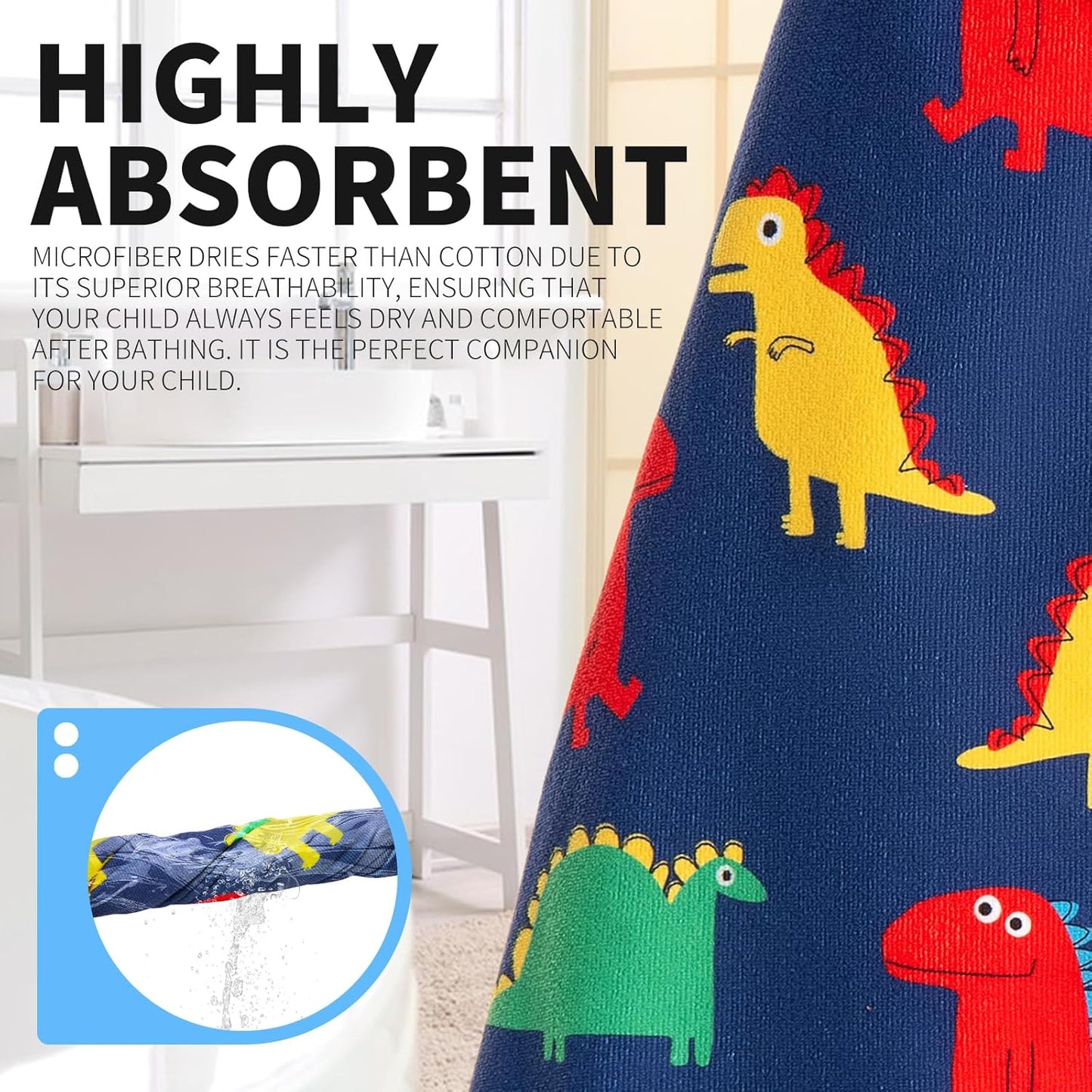 OLAOLA Colorful Dinosaur Hooded Towel for Kids 3-12 Years, 28" x 53" Soft Thick Absorbent Beach Towels, Toddler Bath Towel Wrap Swim Pool Towels Poncho for Boys Girls