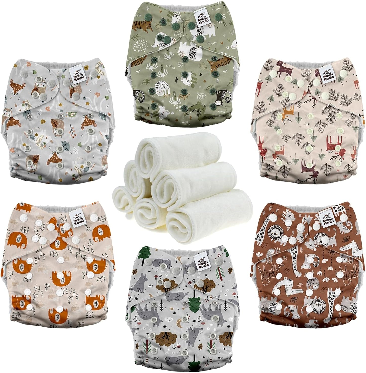 Mama Koala 3.0 Cloth Diapers for Babies with AWJ Lining, 6 Pack with 6 Natural Cloth Diaper Inserts - Reusable and Washable Pocket Diapers (Animals in The Forest)