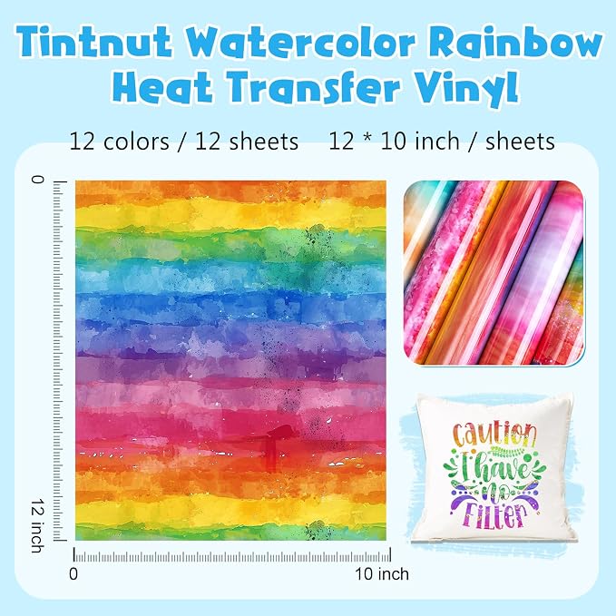 Tintnut Rainbow Gradient Heat Transfer Vinyl, PU HTV Sheets, stretch washable