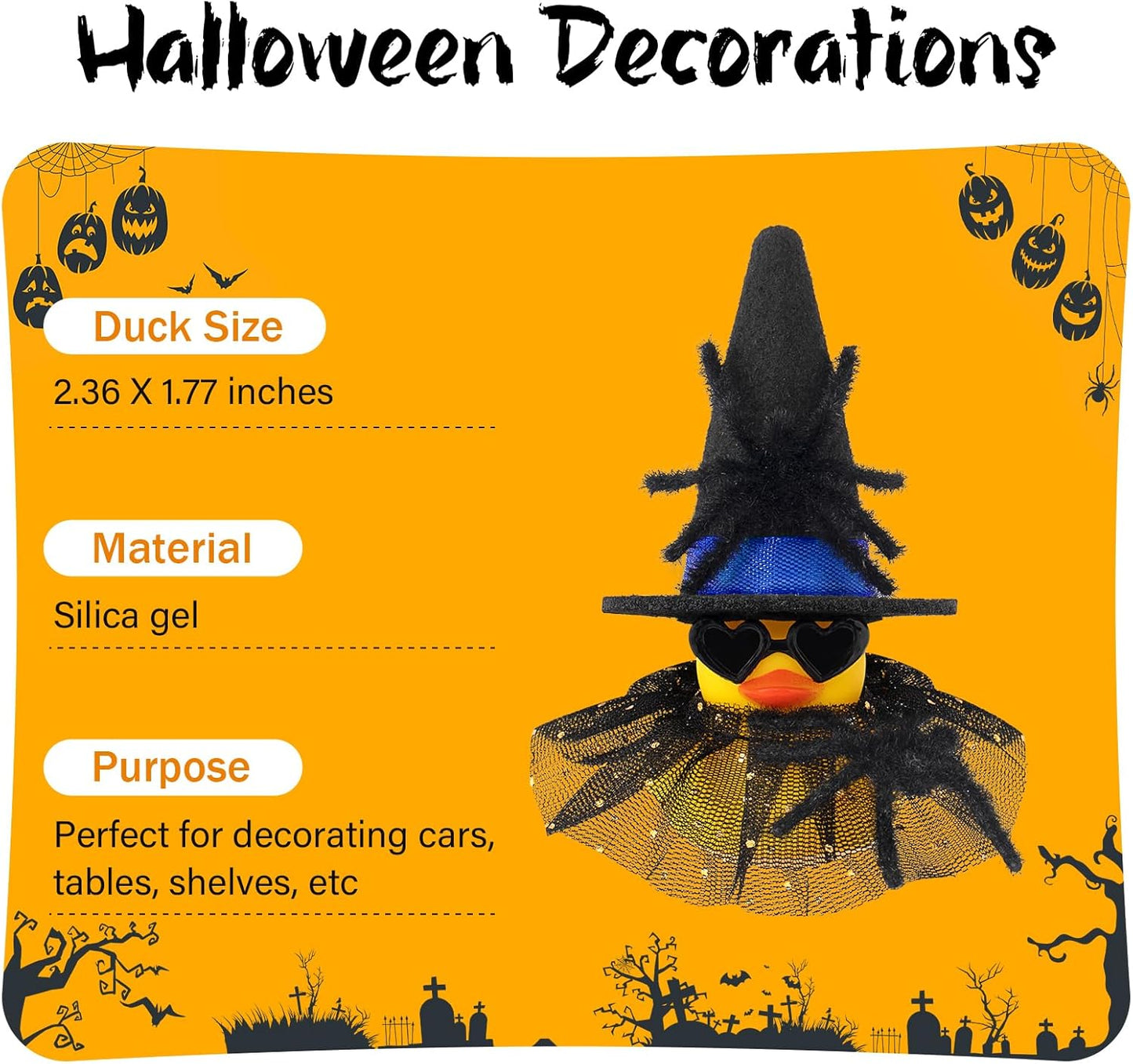 wonuu Car Dashboard Spider Witch Rubber Ducks for Halloween, Decorations Duck for Office Desk Ornament Accessories with Hat Glasses Skirt, for Halloween Party Gifts (Gold Point Skirt Blue)
