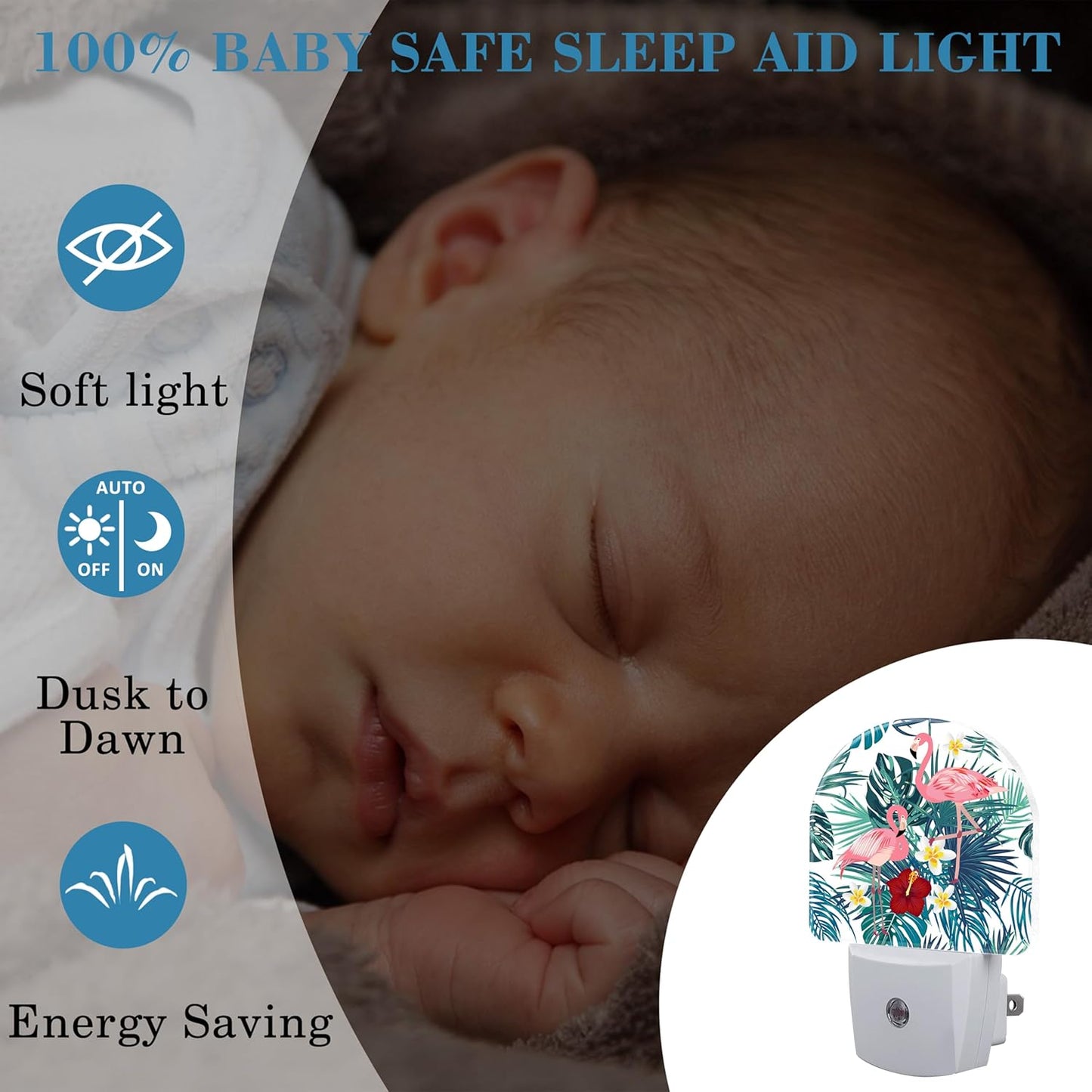 Night Light Plug into Wall with Flamingo and Palm Leaves, Dusk to Dawn Sensor for Room Decor, Hallway, Kitchen, Bathroom, Nursery, Stairs