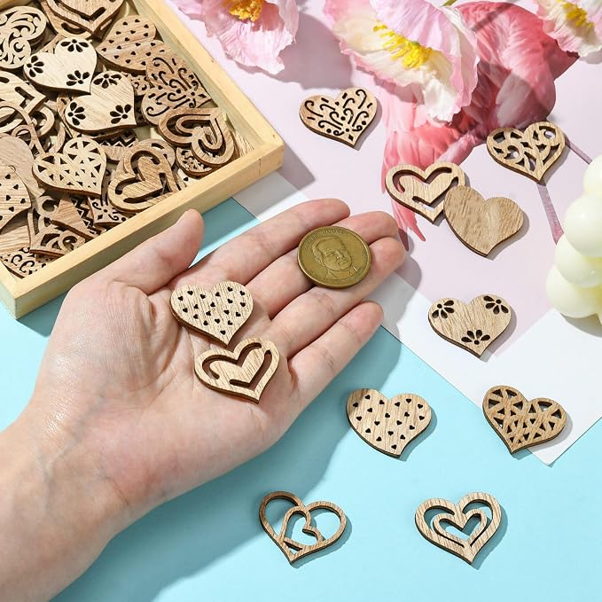 200 pcs Mixed Styles Hollow Heart Theme Unfinished Wood Cutout Charms Cute Love