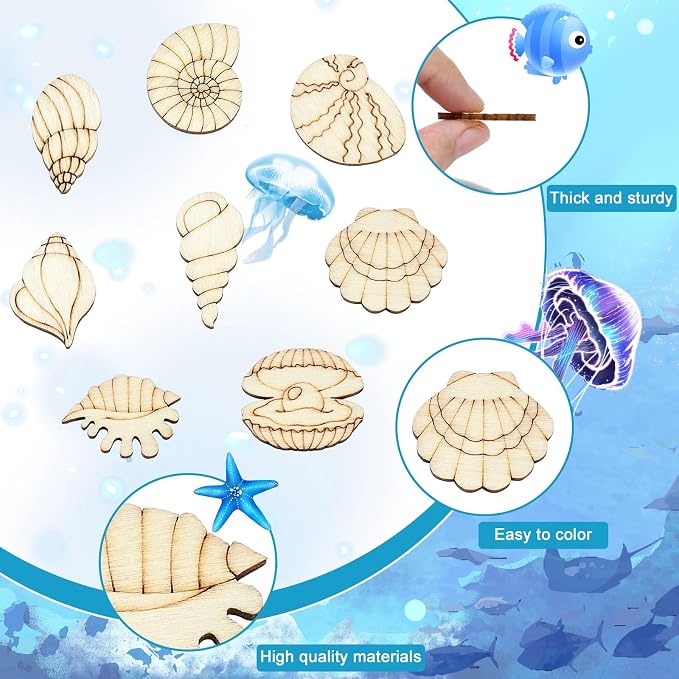200 pcs Mixed Styles Sea Shell Theme Unfinished Wooden Cutout Charms Conch